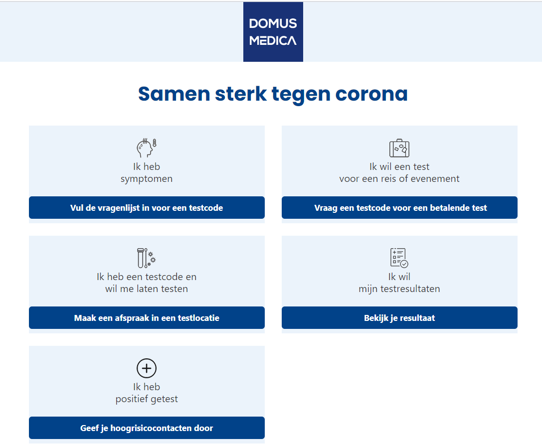 Testcode aanmaken, afspraak maken in testcentrum, testresultaat raadplegen